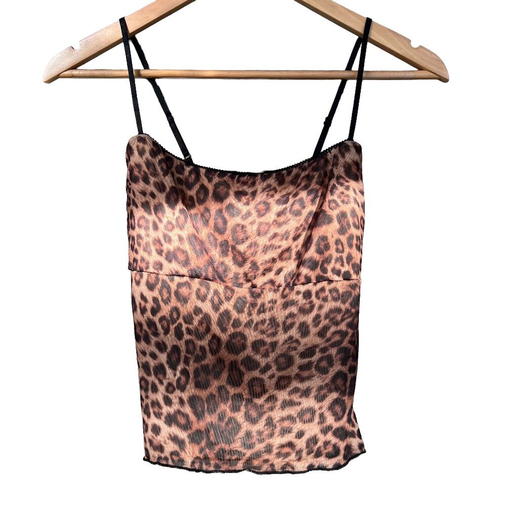 Windsor Leopard Print Mesh Lace Trim Satin Strap Camisole Top M